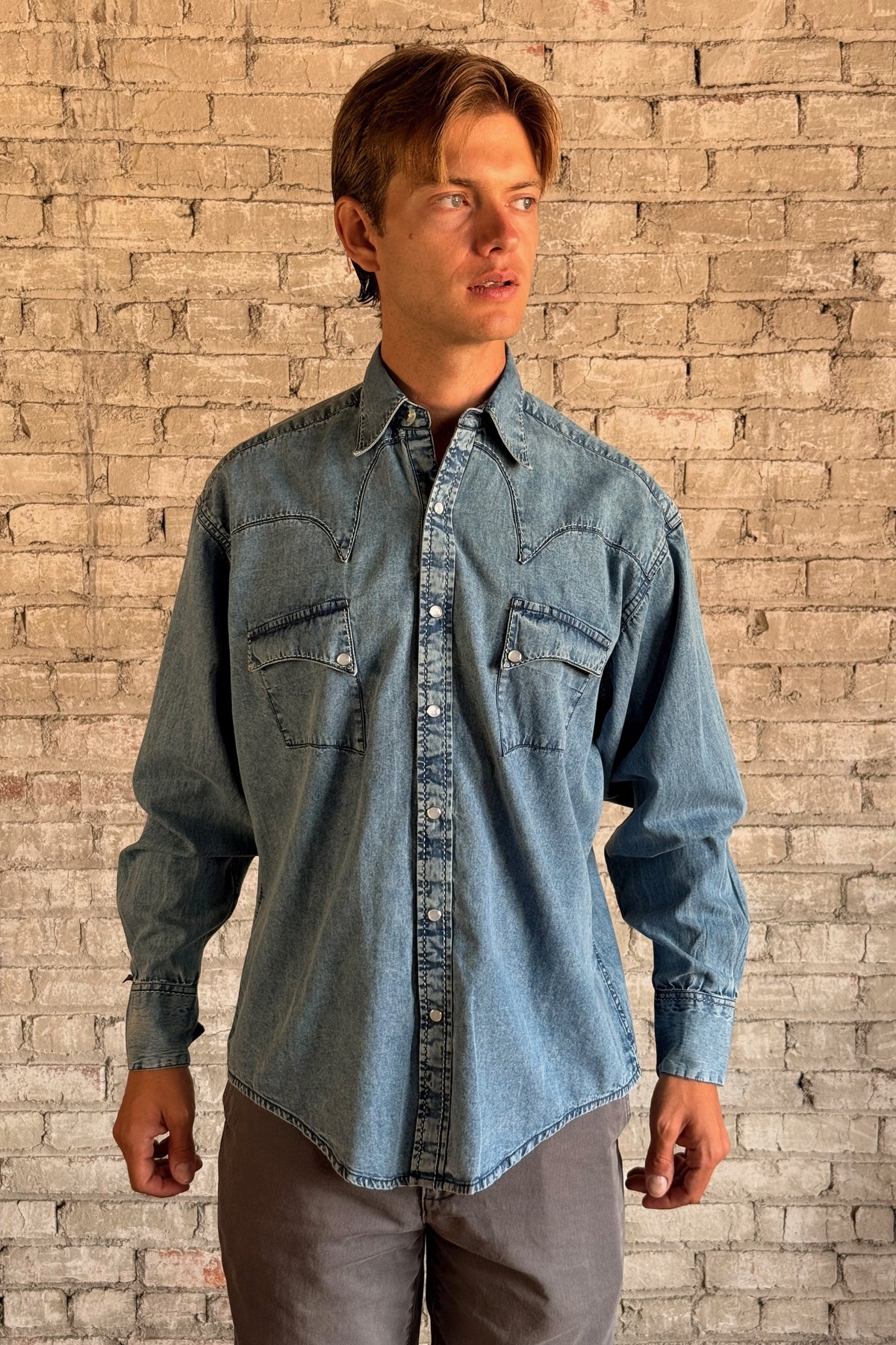 Men's Denim Classic Quarter Horse Western Shirt with Saddle Stitching