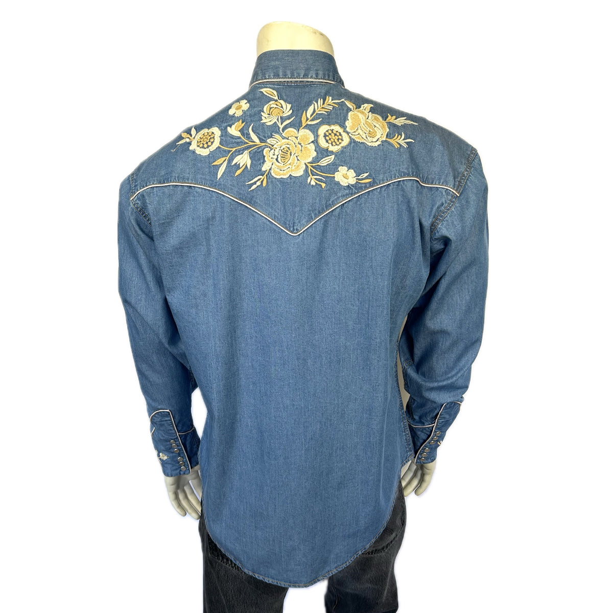 Men's Vintage Denim Floral Embroidered Western Shirt