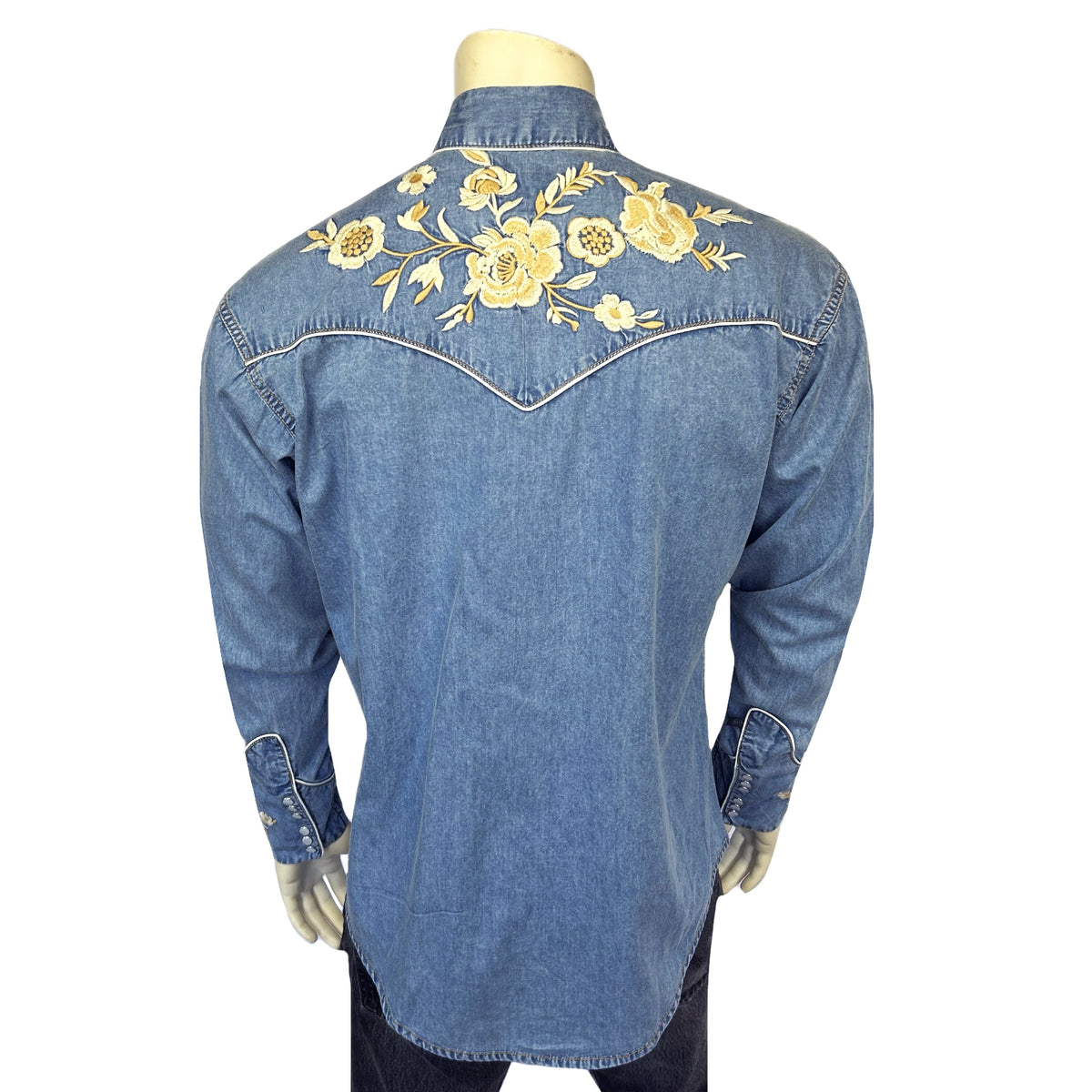 Men's Vintage Denim Floral Embroidered Western Shirt