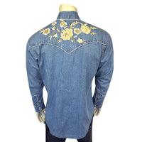 Men's Vintage Denim Floral Embroidered Western Shirt