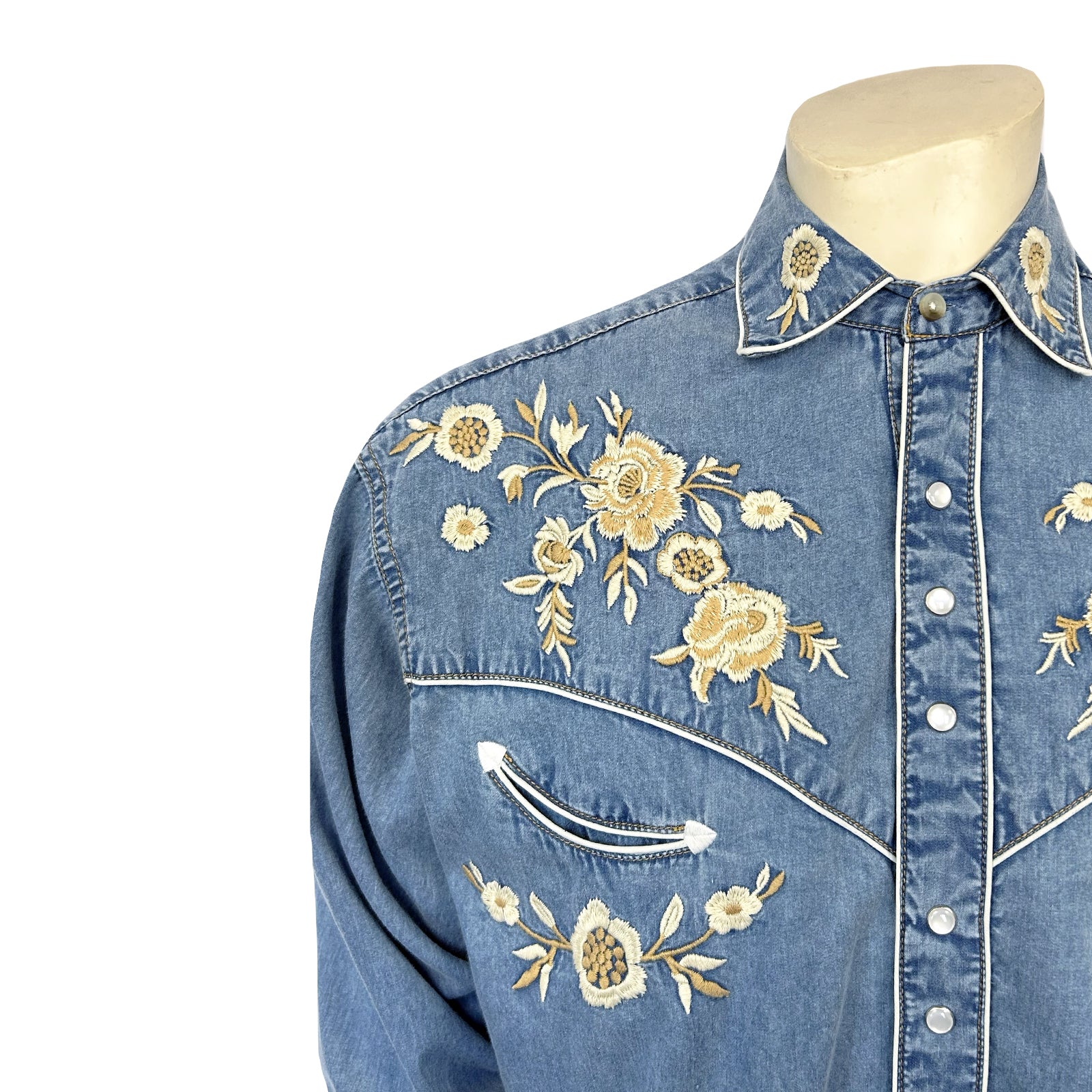 Men's Vintage Denim Floral Embroidered Western Shirt