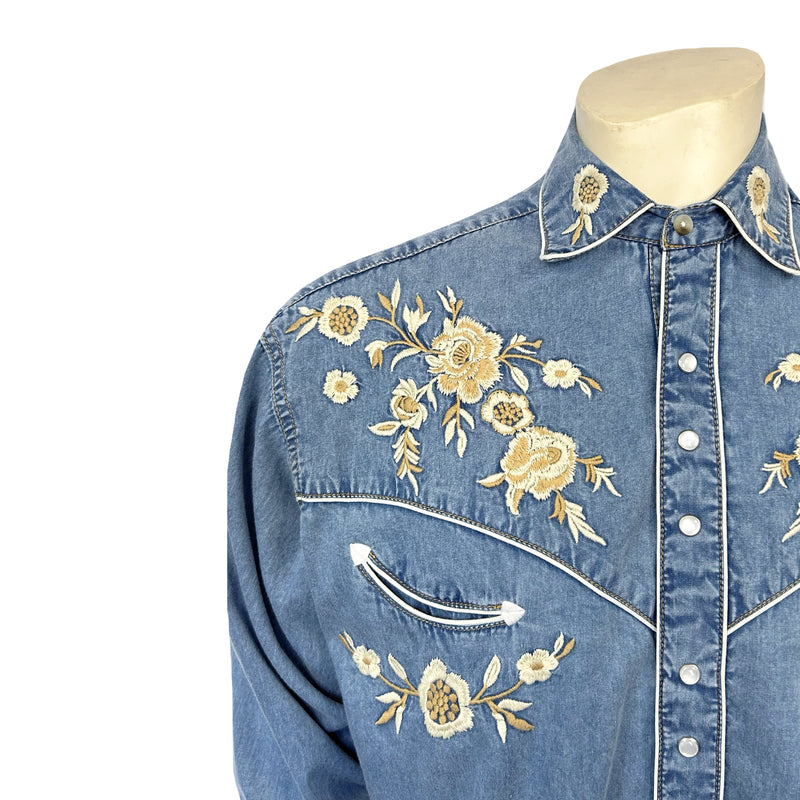 Men's Vintage Denim Floral Embroidered Western Shirt