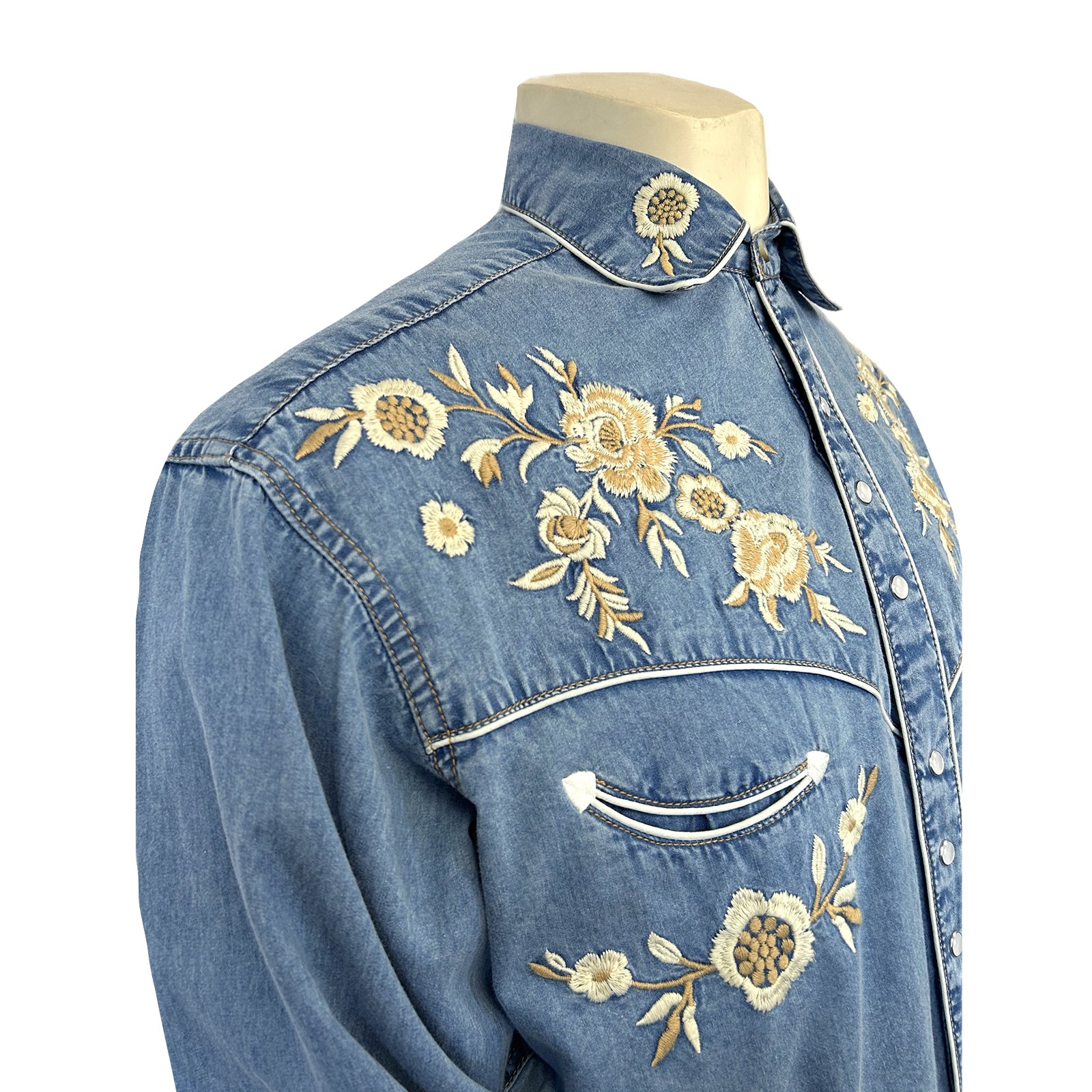 Men's Vintage Denim Floral Embroidered Western Shirt