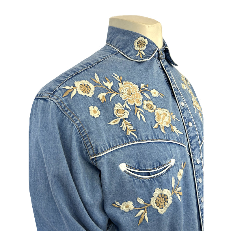 Men's Vintage Denim Floral Embroidered Western Shirt