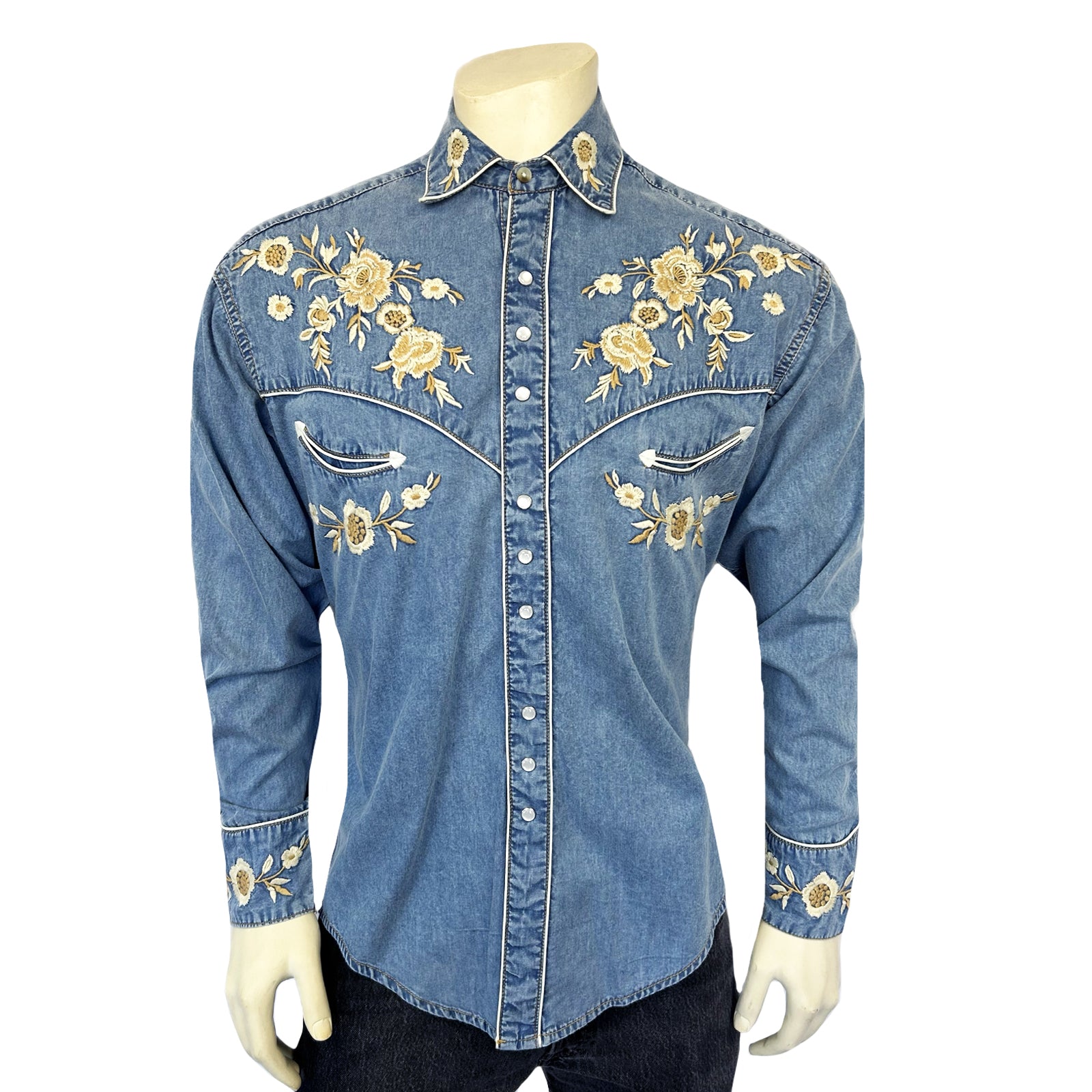 Men's Vintage Denim Floral Embroidered Western Shirt