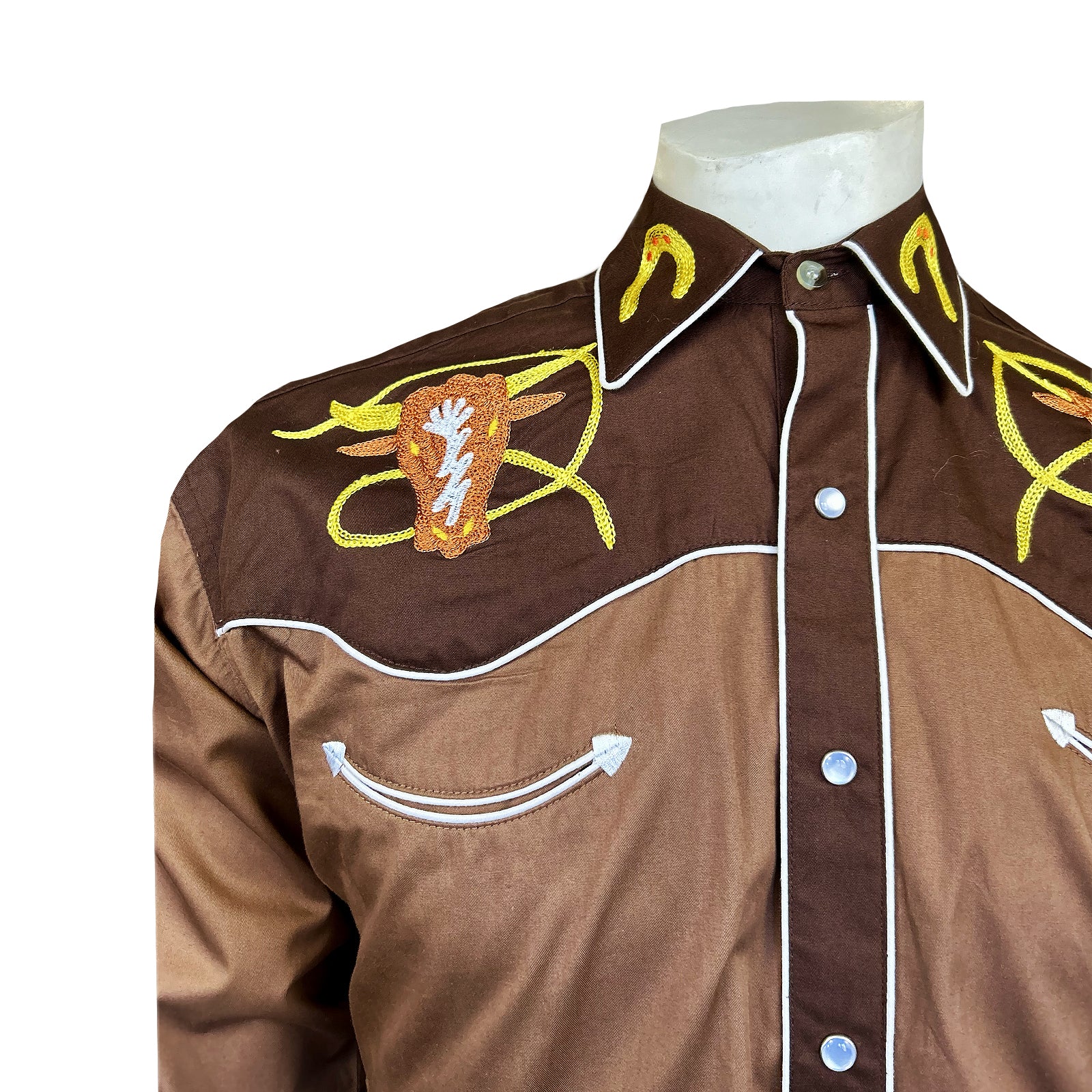 Men's Embroidered 2-Tone Steer Western Shirt in Brown