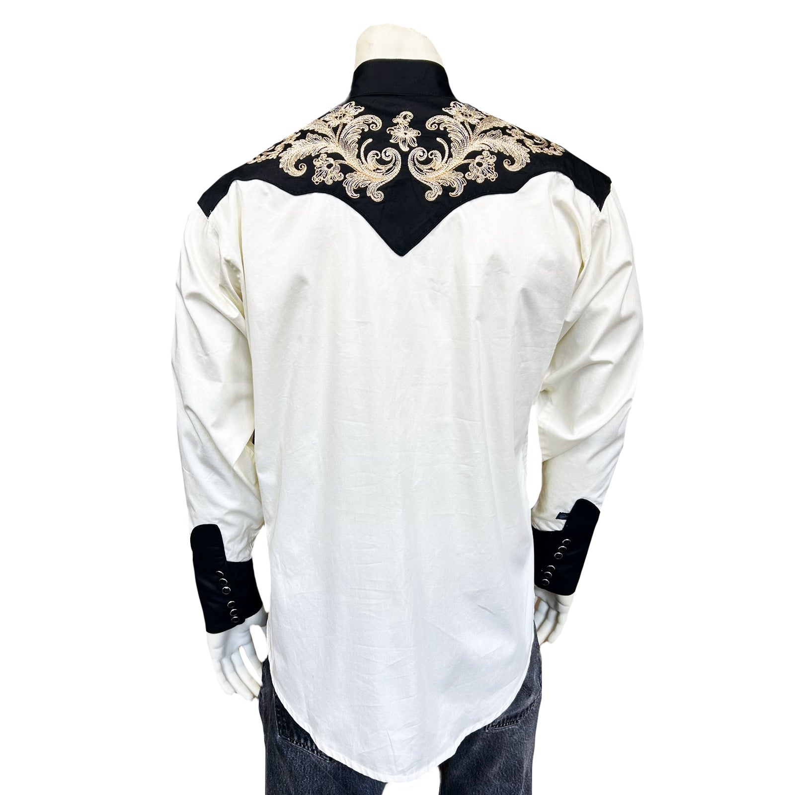 Men’s Vintage 2-Tone Khaki & Black Western Shirt with Floral Embroidery