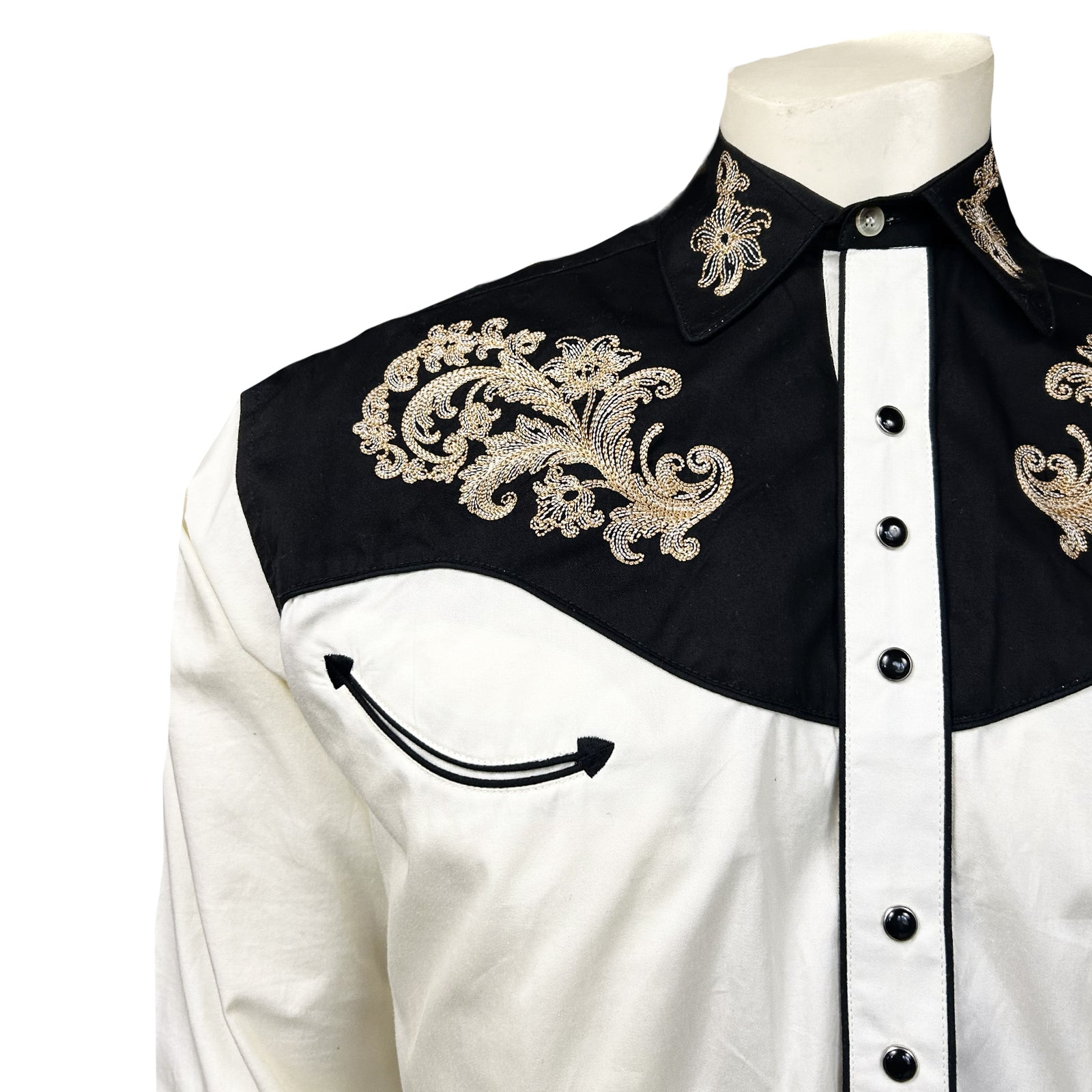 Men’s Vintage 2-Tone Khaki & Black Western Shirt with Floral Embroidery
