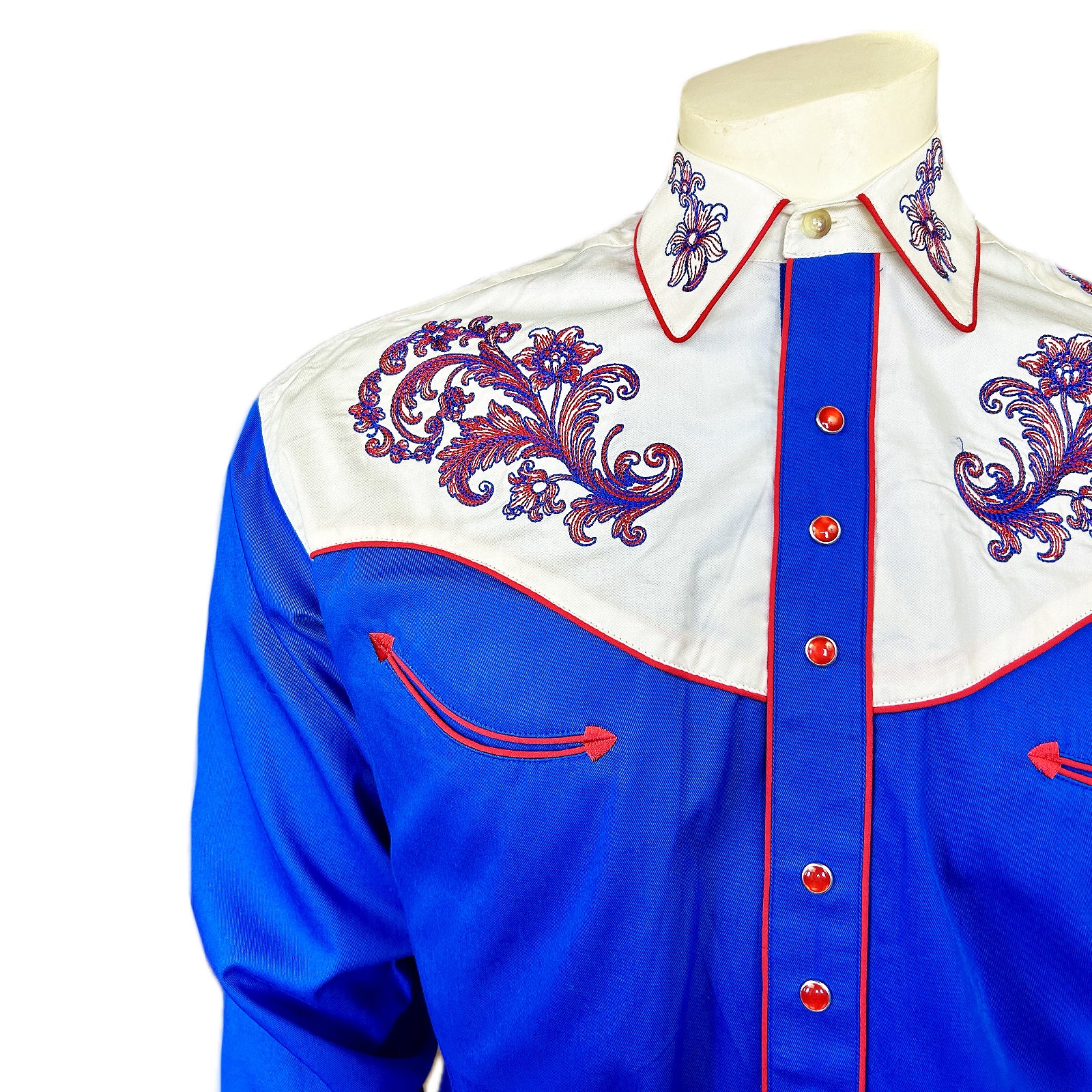 Men’s Vintage 2-Tone Royal Blue & White Western Shirt with Floral Embroidery