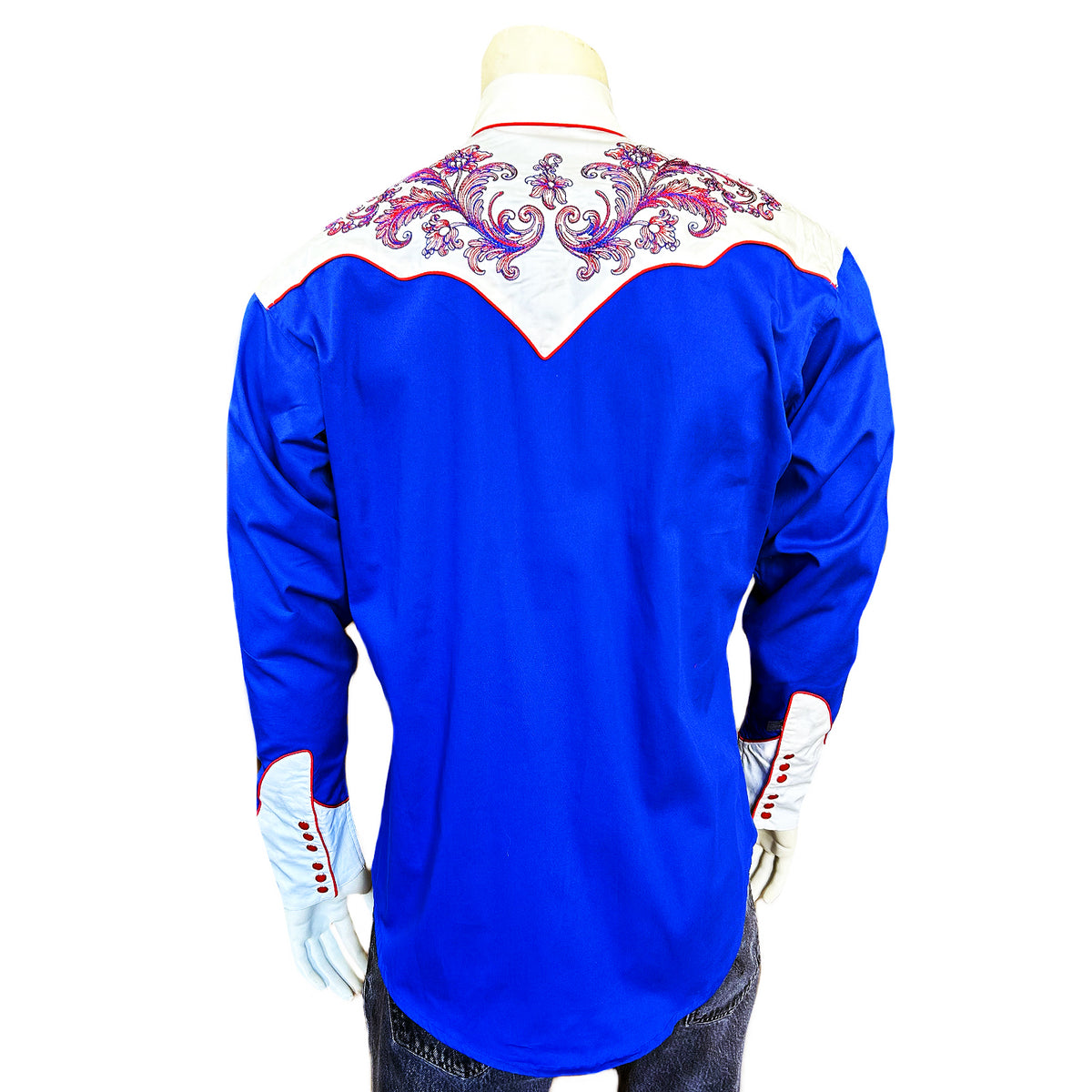 Men’s Vintage 2-Tone Royal Blue & White Western Shirt with Floral Embroidery