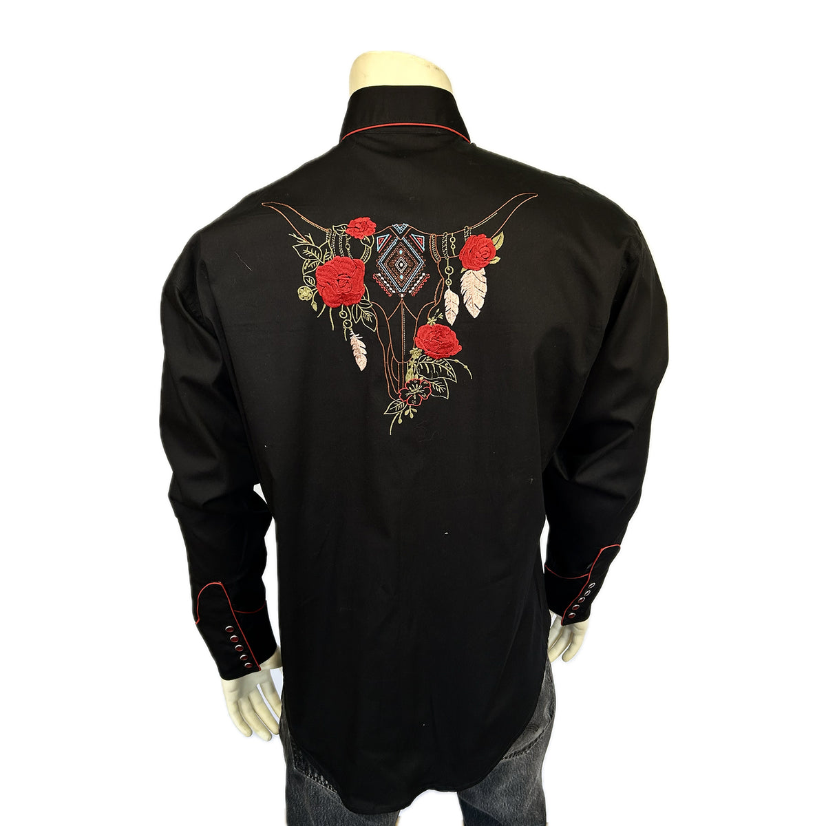 Men's Black Red Roses & Steerhead Embroidered Western Shirt
