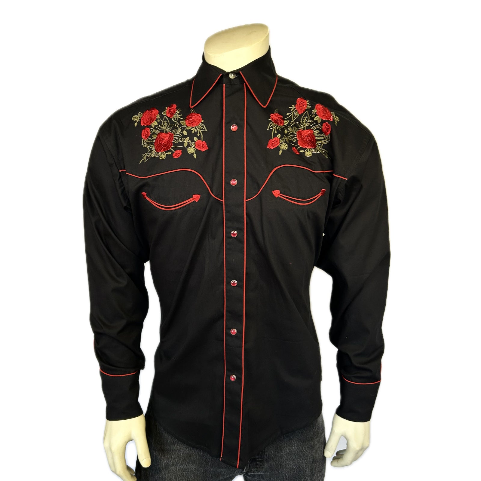 Men's Black Red Roses & Steerhead Embroidered Western Shirt