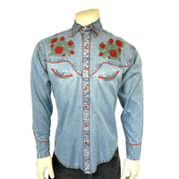 Men's Denim Red Roses & Steerhead Embroidered Western Shirt