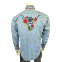 Men's Denim Red Roses & Steerhead Embroidered Western Shirt