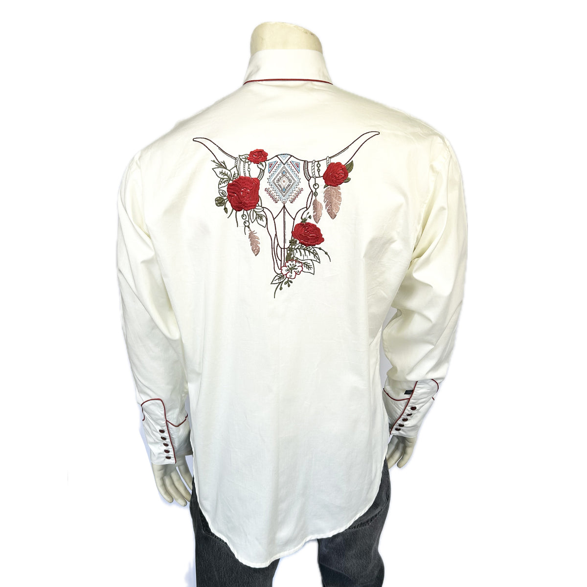 Women's Ivory Red Roses & Steerhead Embroidery