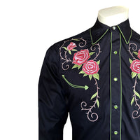 Men’s Steer Longhorn & Floral Embroidery Western Shirt in Black