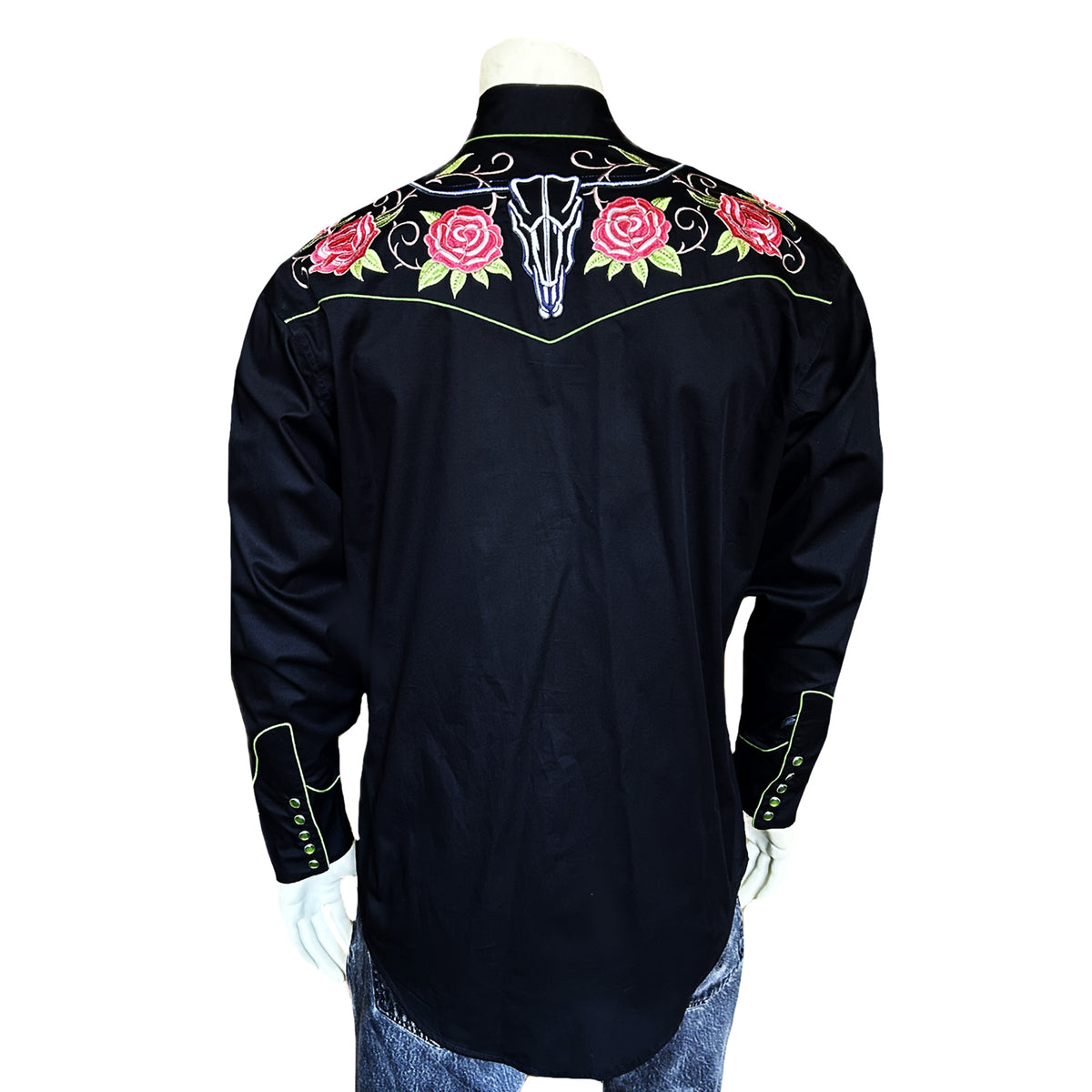 Men’s in Black Steer Longhorn & Floral Embroidered Western Shirt