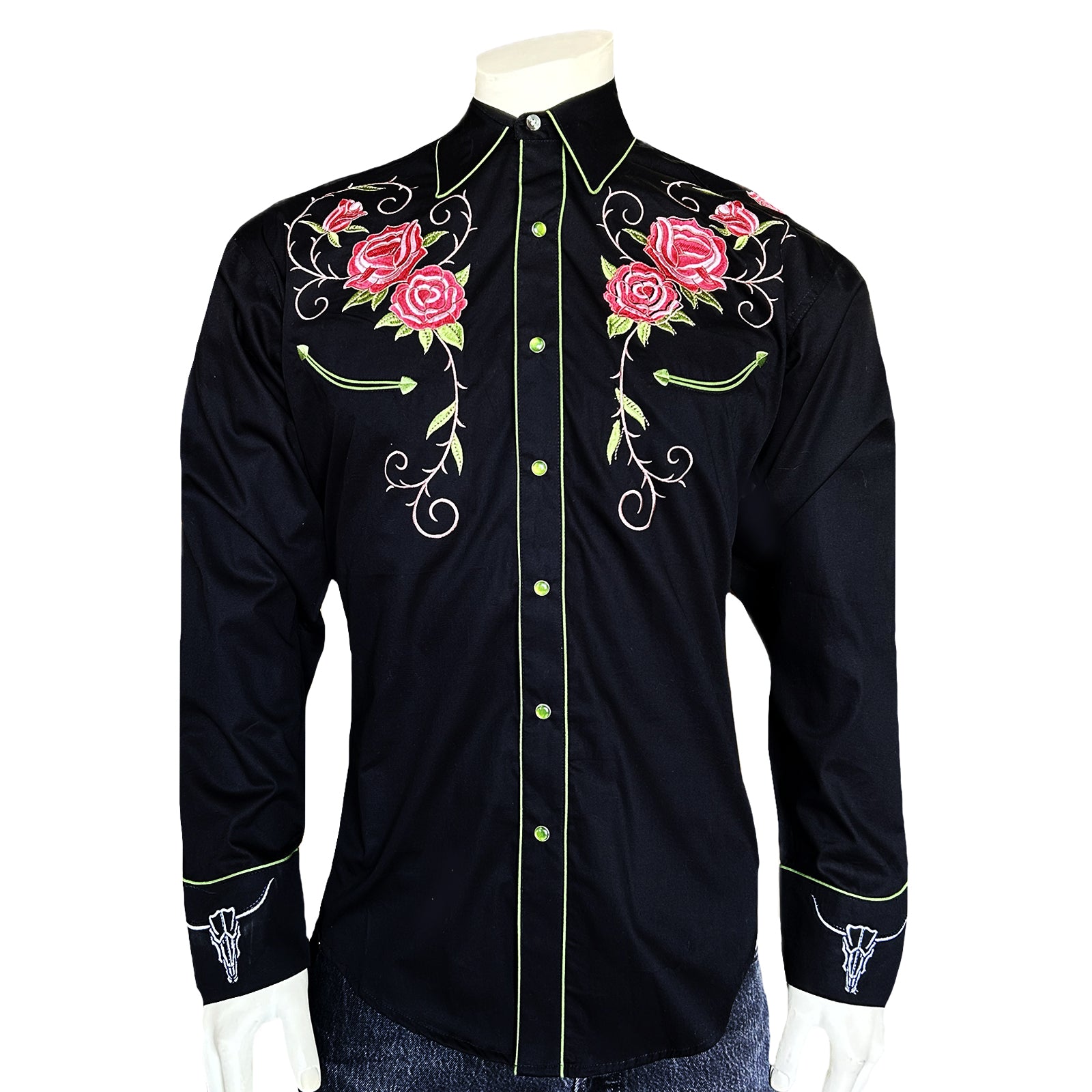 Men’s Steer Longhorn & Floral Embroidered Western Shirt in Black