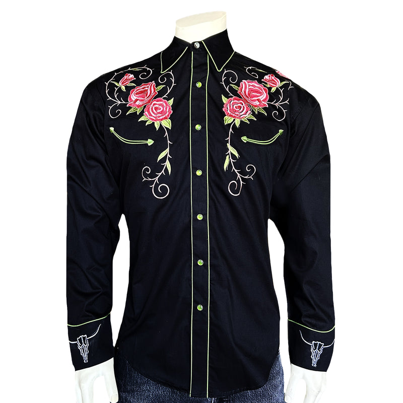 Men’s Steer Longhorn & Floral Embroidered Western Shirt in Black