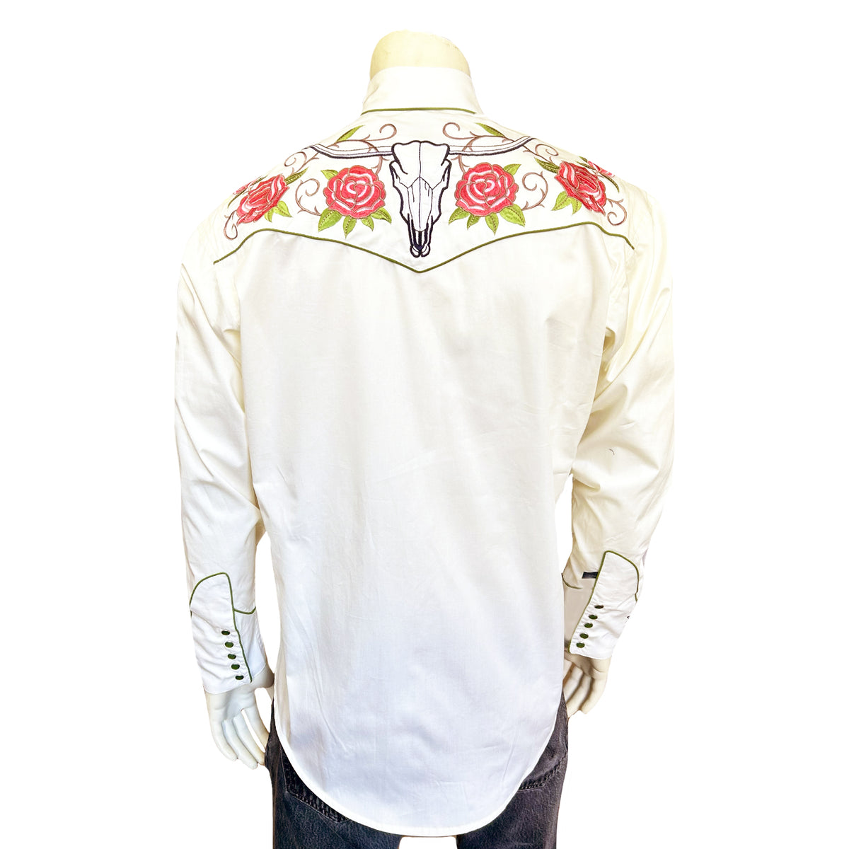 Men’s Longhorn & Floral Embroidery Western Shirt in Ivory