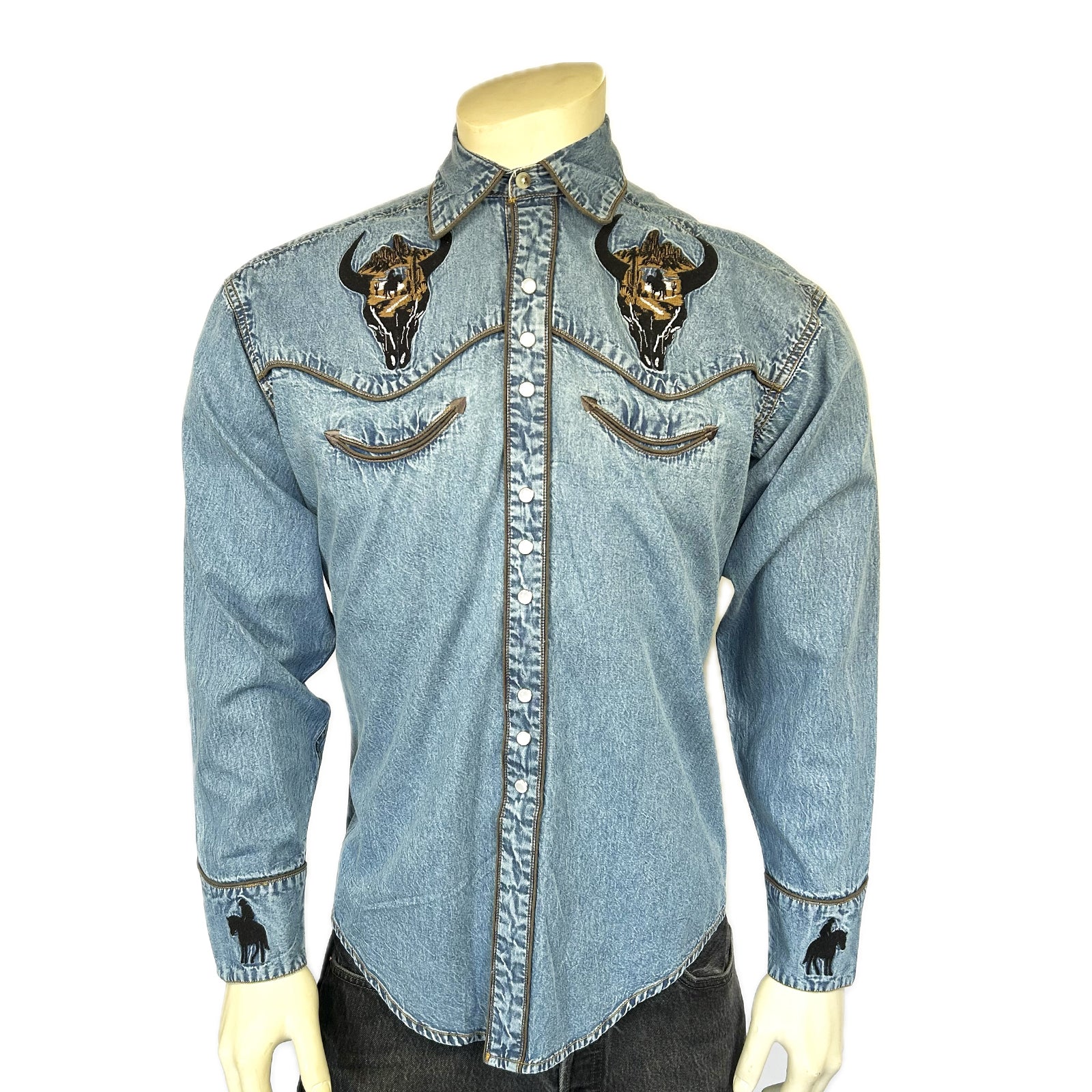 Men’s Denim Bison Skull & Rider Embroidery Shirt