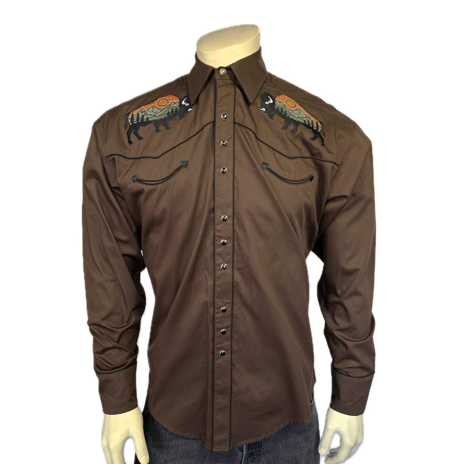 Men’s Brown Bison & Mountain Embroidery Shirts