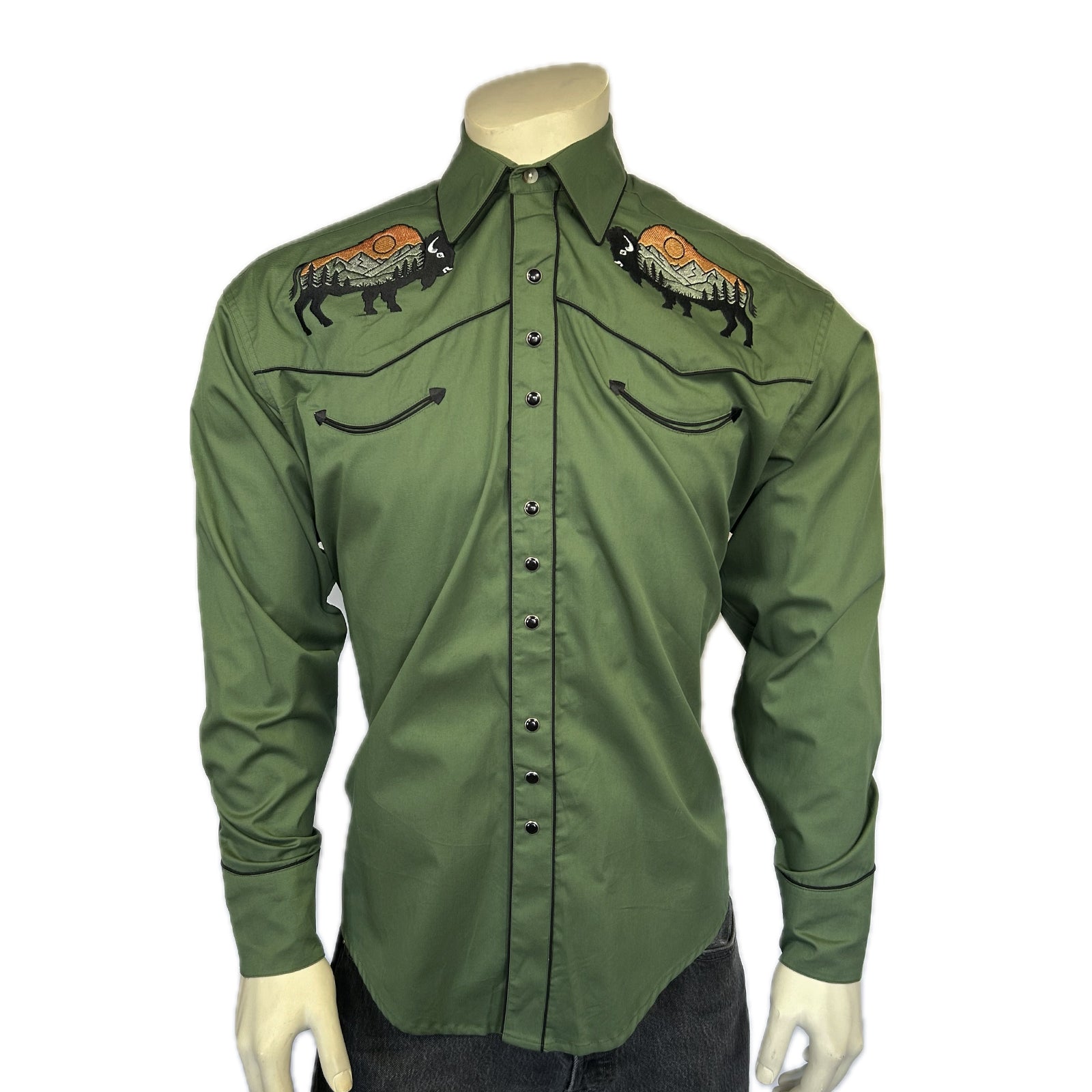 Men’s Green Bison & Mountain Embroidery Shirts