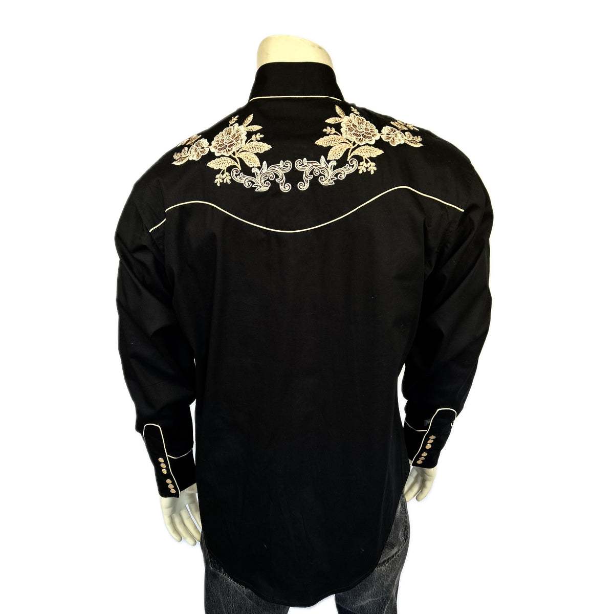 Men’s Black with Tan Floral Embroidery Shirt