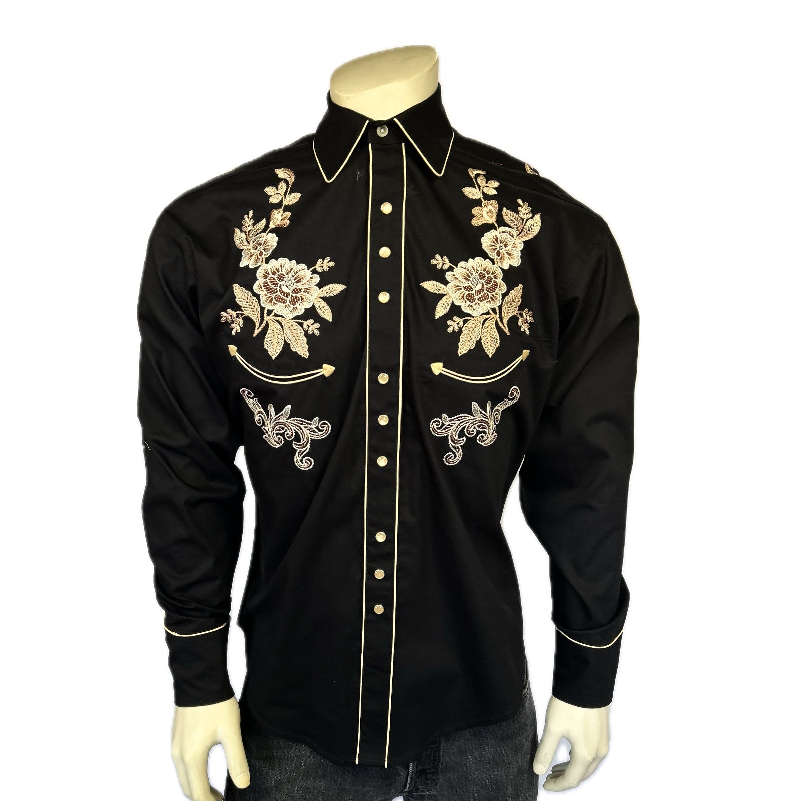 Men’s Black with Tan Floral Embroidery Shirt