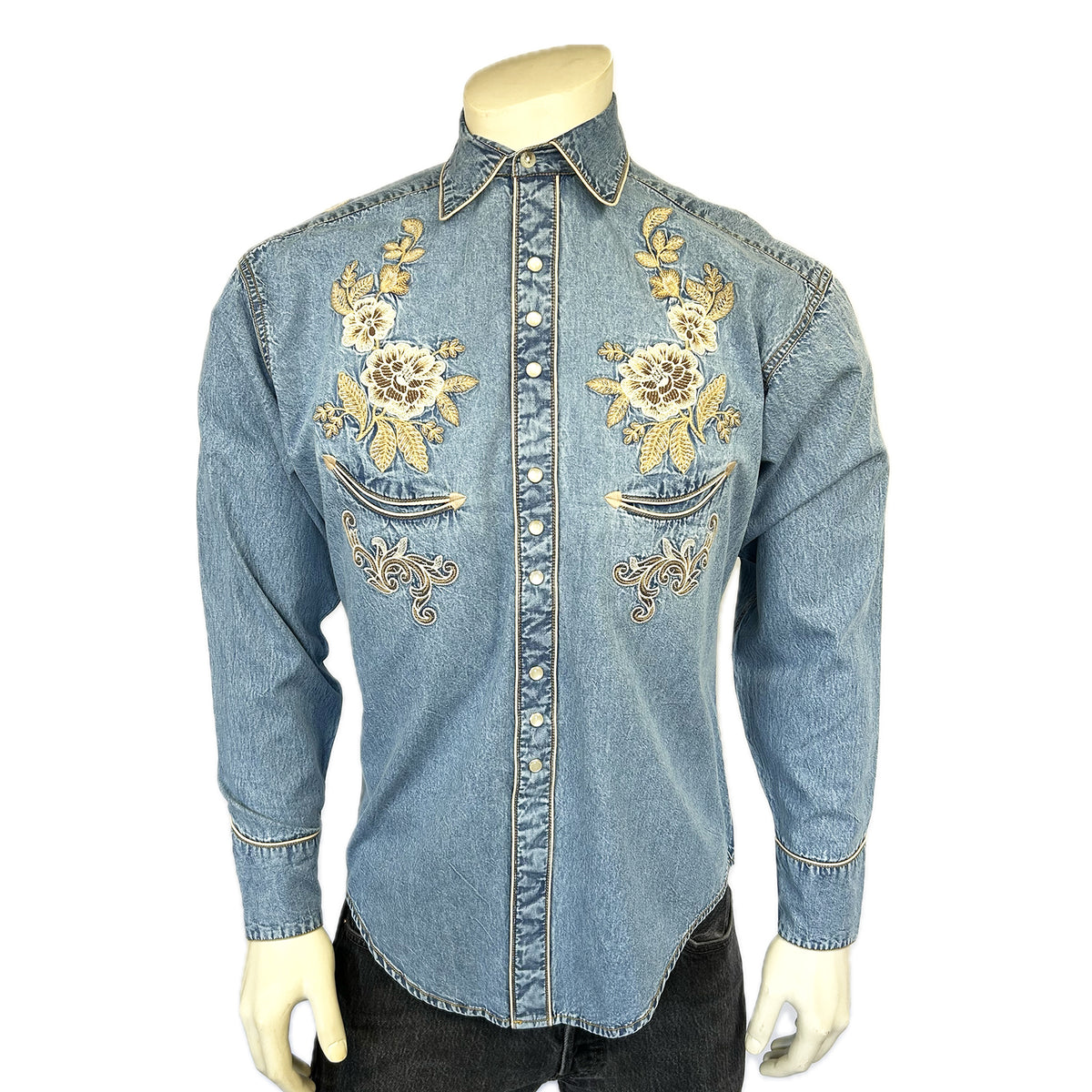 Mens Denim with Tan Floral Embroidered Western Shirt Mens Denim with Tan Floral Embroidered Western Shirt