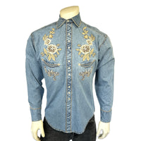 Women's Denim with Tan Floral Embroidery Shirt