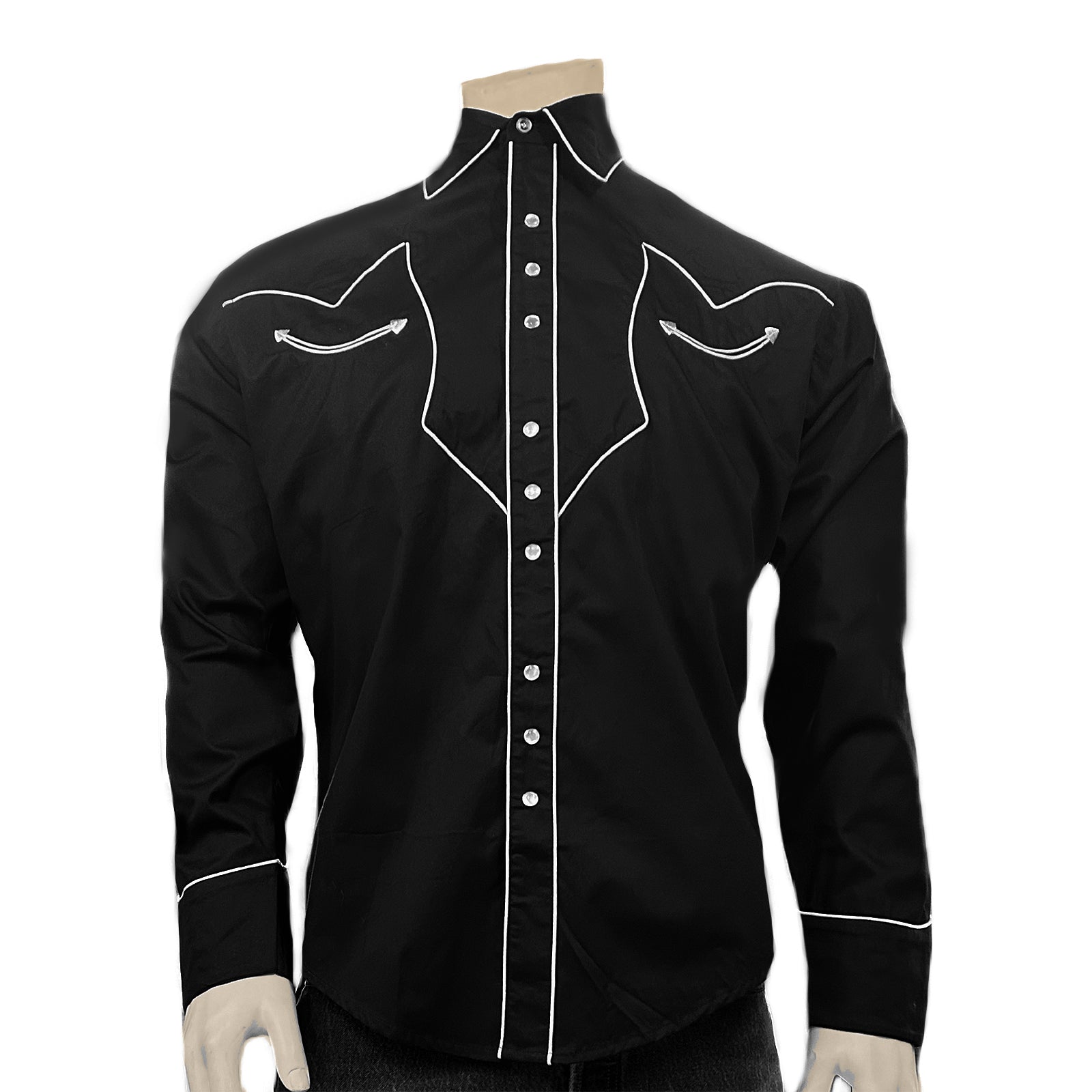 Men's Vintage Solid Black Western Shirt with Piped Lightning Yokes