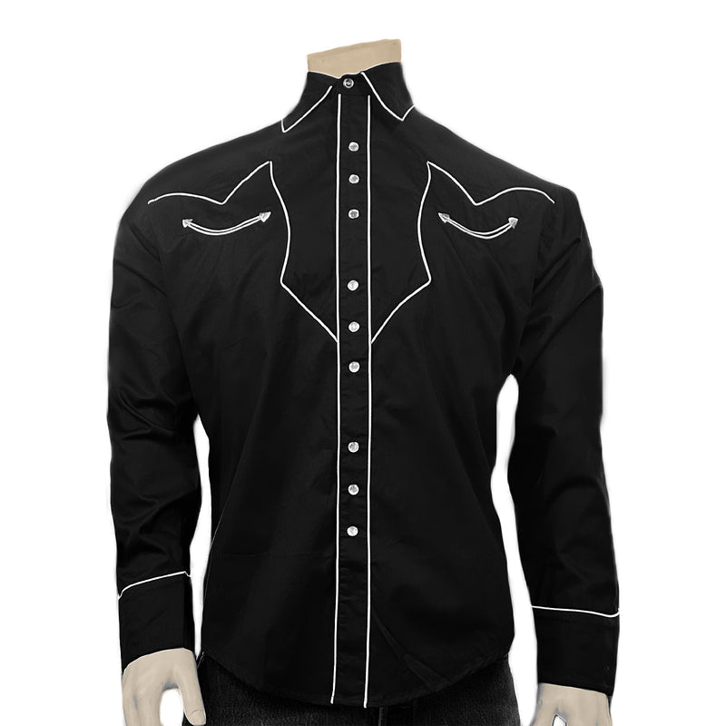 Men's Vintage Solid Black Western Shirt with Piped Lightning Yokes