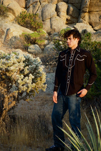 Men's Vintage Solid Black Western Shirt with Piped Lightning Yokes