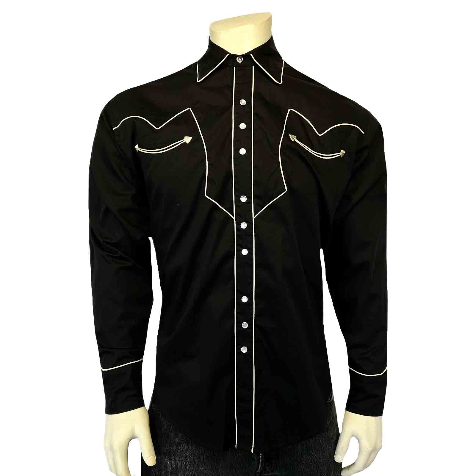 Men's Vintage Solid Black Western Shirt with Piped Lightning Yokes - L Men's Vintage Solid Black Western Shirt with Piped Lightning Yokes - L