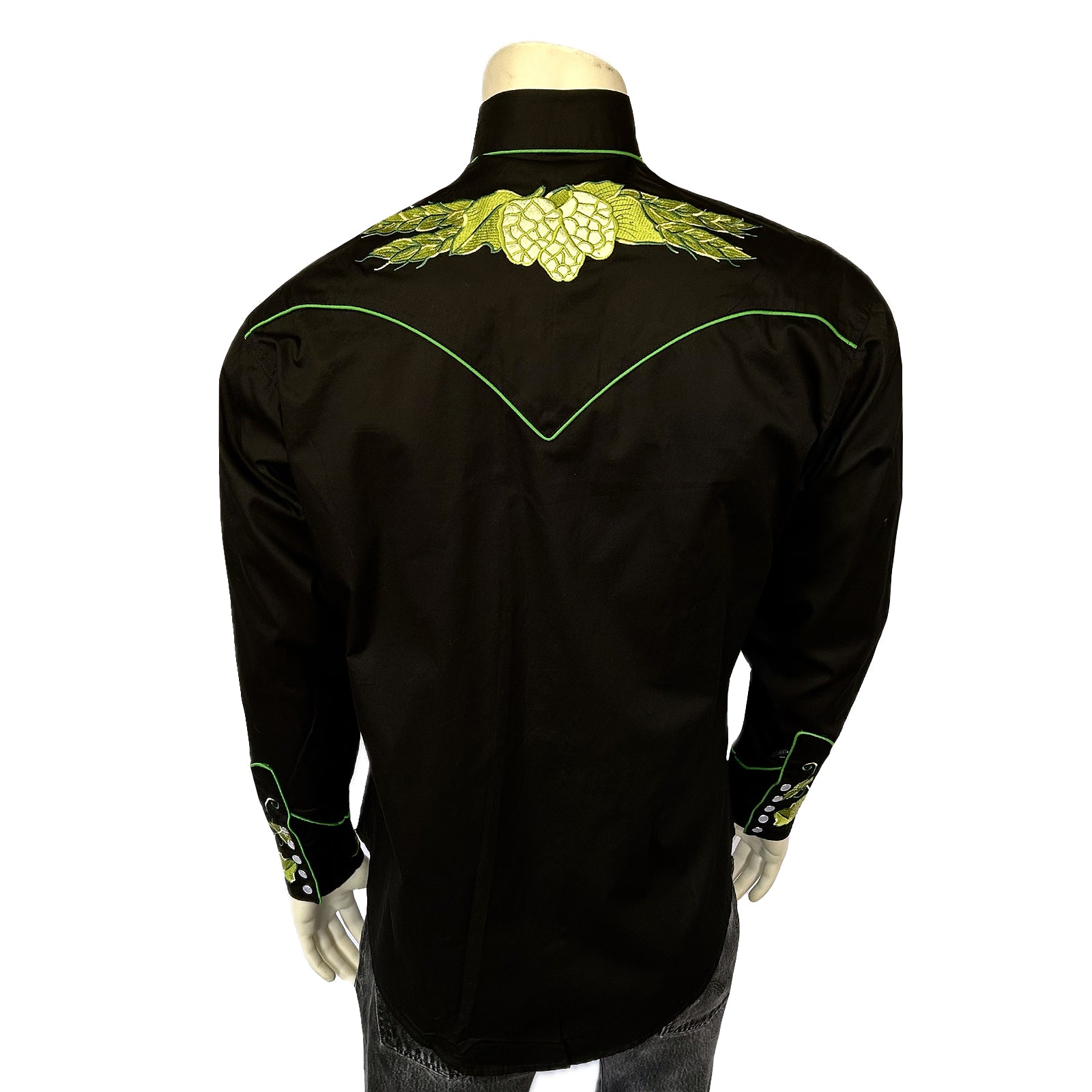 Men's Vintage Beer Hops Embroidered Western Shirt in Black