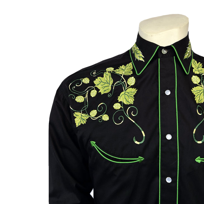 Men's Vintage Beer Hops Embroidered Western Shirt in Black