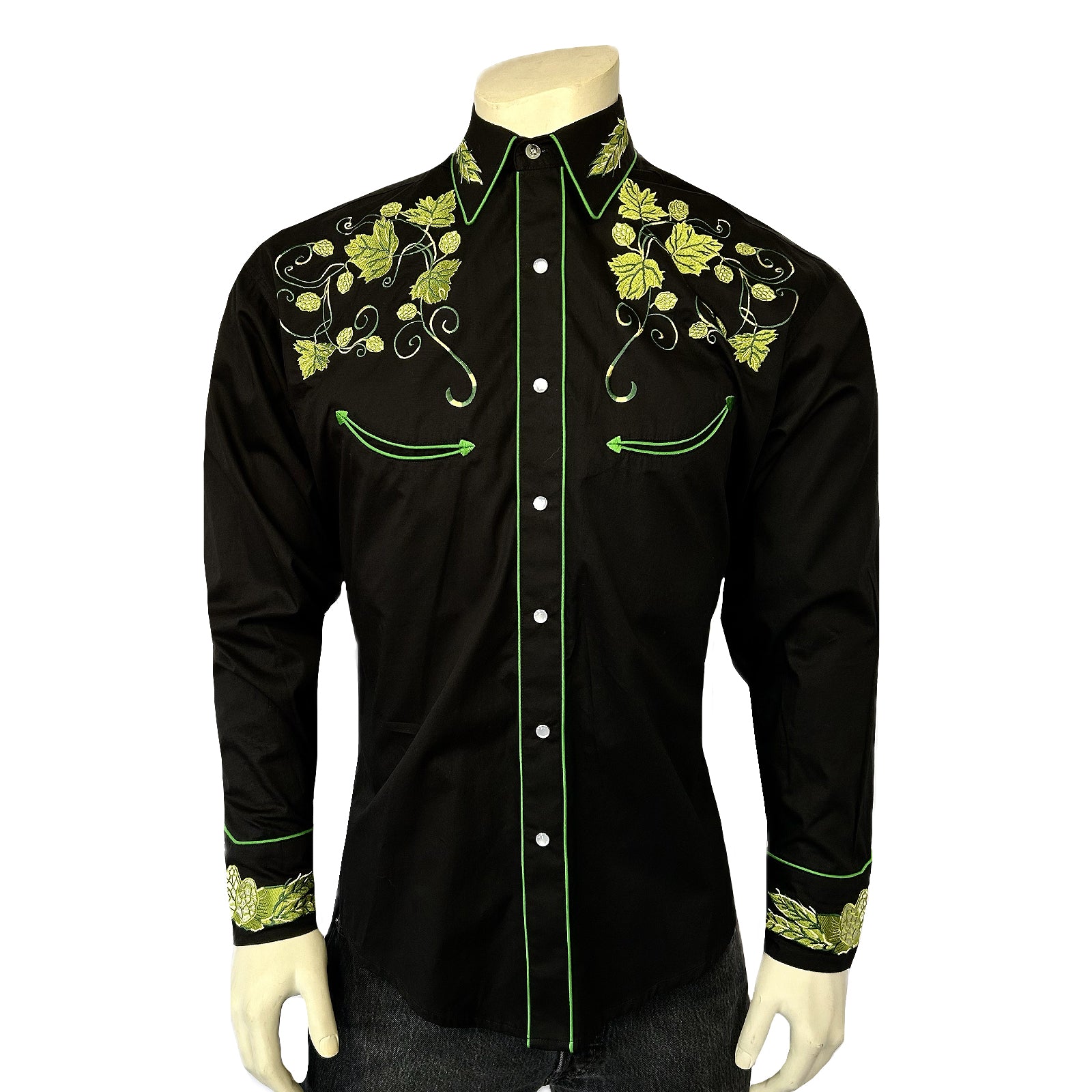 Men's Vintage Beer Hops Embroidered Western Shirt in Black