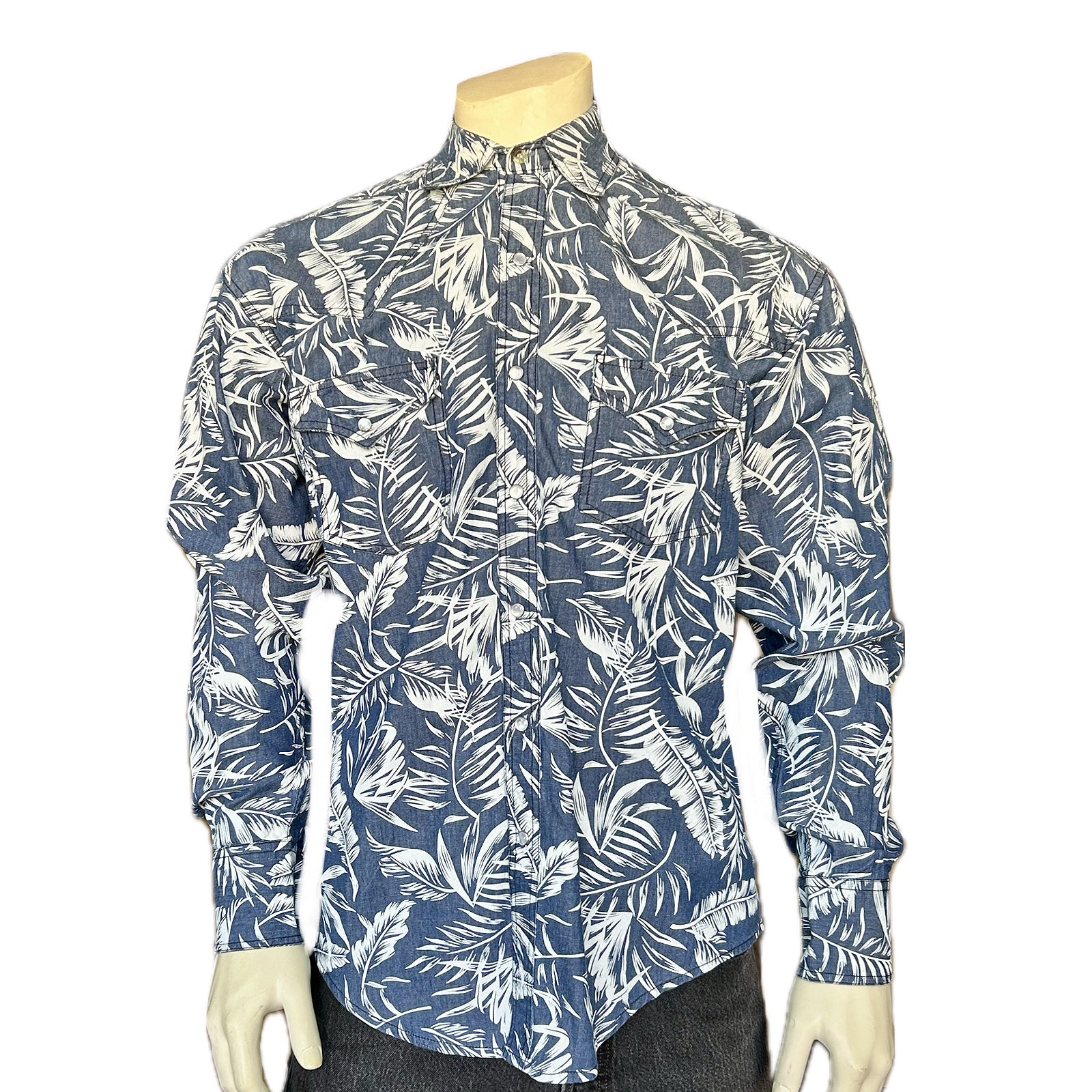 Men's Denim Floral Print Western Shirt - XL