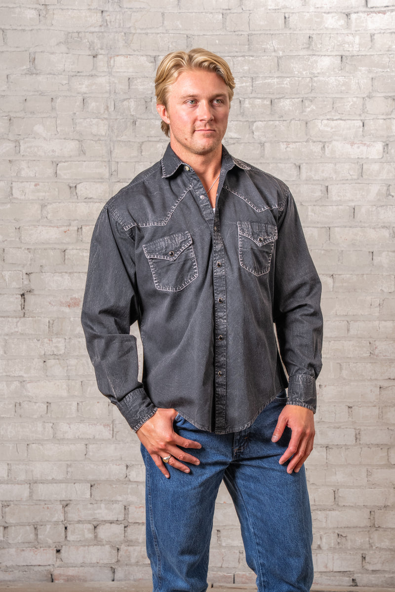 Men's Black Stonewashed Denim Blanket Stitch Western Shirt