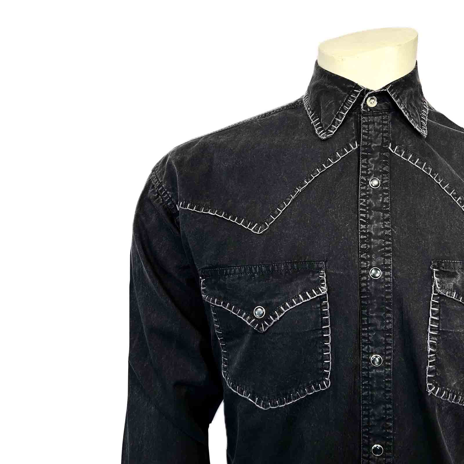 【YOURNUS】Camille black stitch denim shirt Rockmount Men's Black Stonewashed Denim Blanket Stitch Shirt