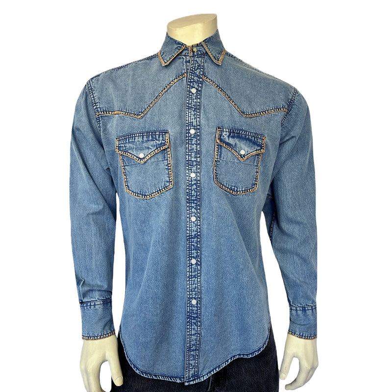 Men's Stonewashed Denim Blanket Stitch Western Shirt