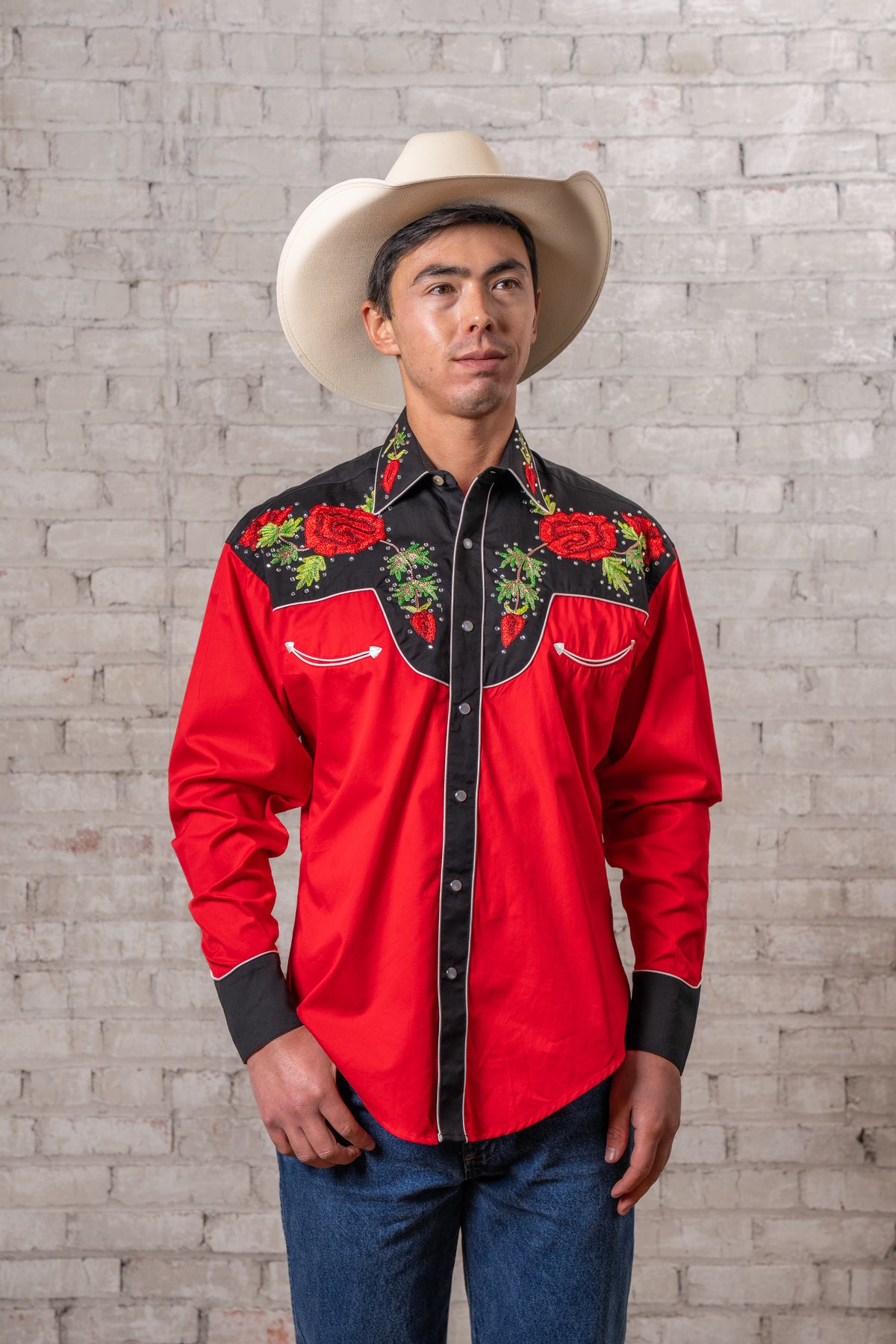 Women's Vintage 2-Tone Red Roses Embroidered Western Shirt