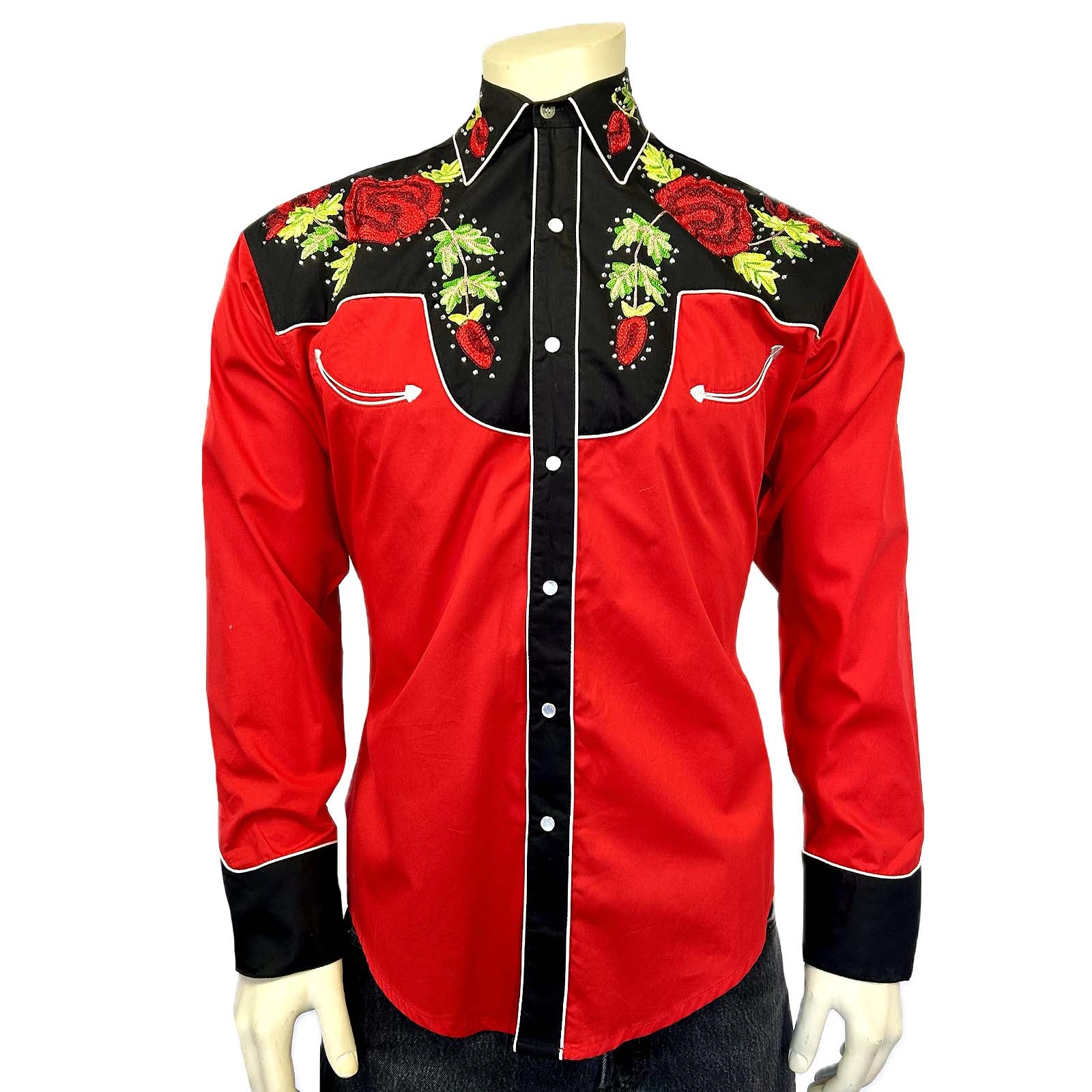 Men's Vintage 2-Tone Red Roses Embroidery Western Shirt