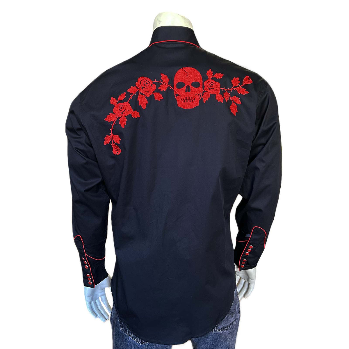 Men’s Vintage Black Skull & Roses Chain Stitch Embroidery Western Shirt