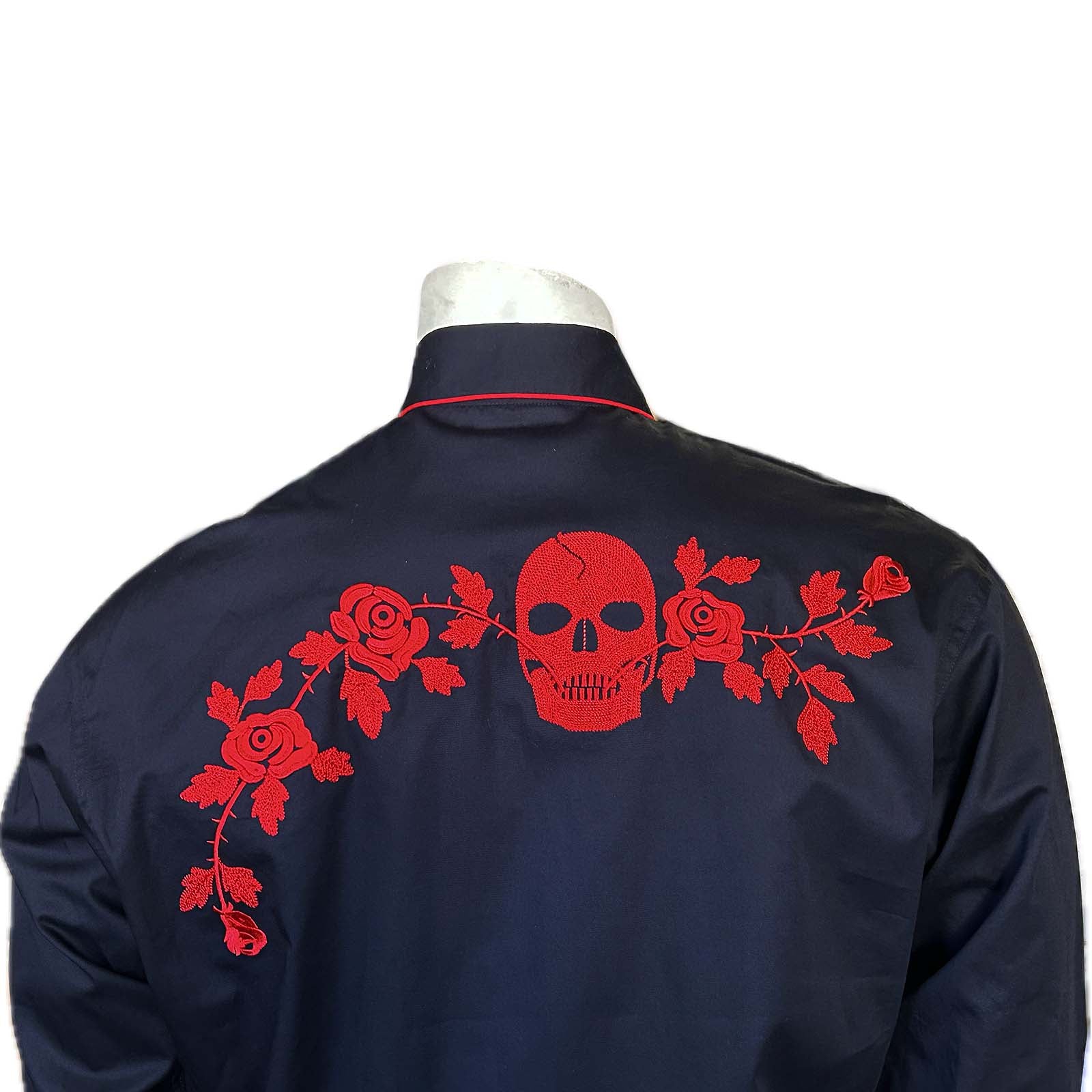 Men’s Vintage Black Skull & Roses Chain Stitch Embroidery Western Shirt