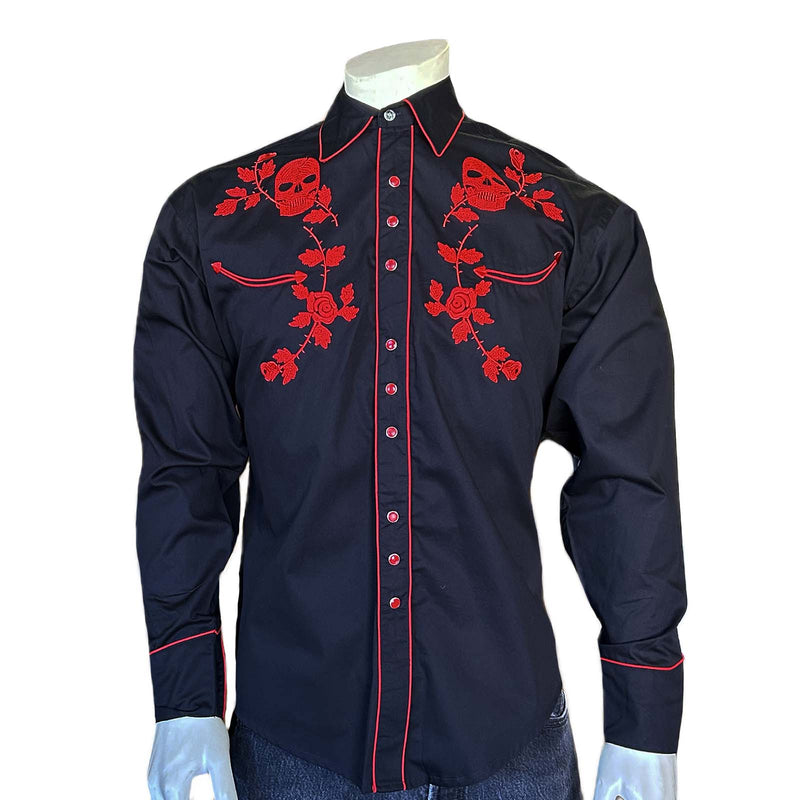 Men’s Vintage Black Skull & Roses Chain Stitch Embroidery Western Shirt