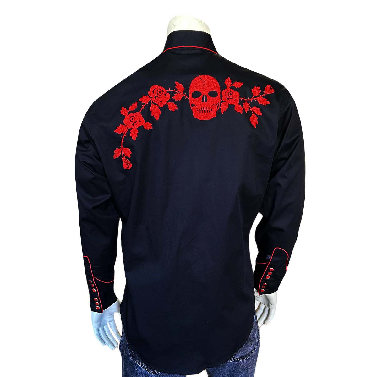 Men’s Vintage Black Skull & Roses Chain Stitch Embroidered Western Shirt