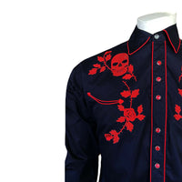 Men’s Vintage Black Skull & Roses Chain Stitch Embroidered Western Shirt