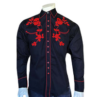 Men’s Vintage Black Skull & Roses Chain Stitch Embroidered Western Shirt